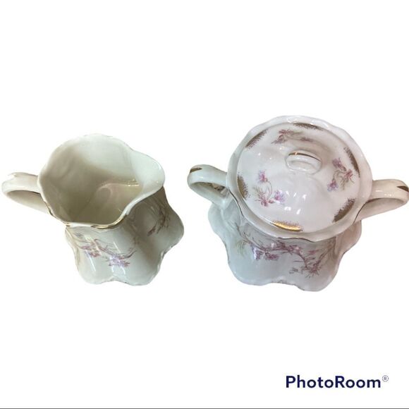 Warwick White Pink Green Flowers Sugar & Creamer Bowl Set - Picture 3 of 7